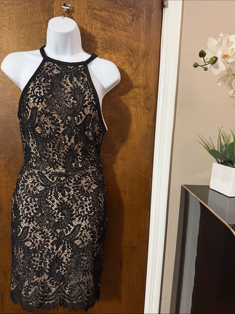Charlotte Russe Black Lace Midi Dress with Nude Underlay